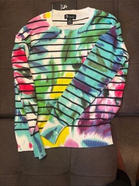 Alison Sheri Multicolor Striped Floral-Print Crewneck Sweater